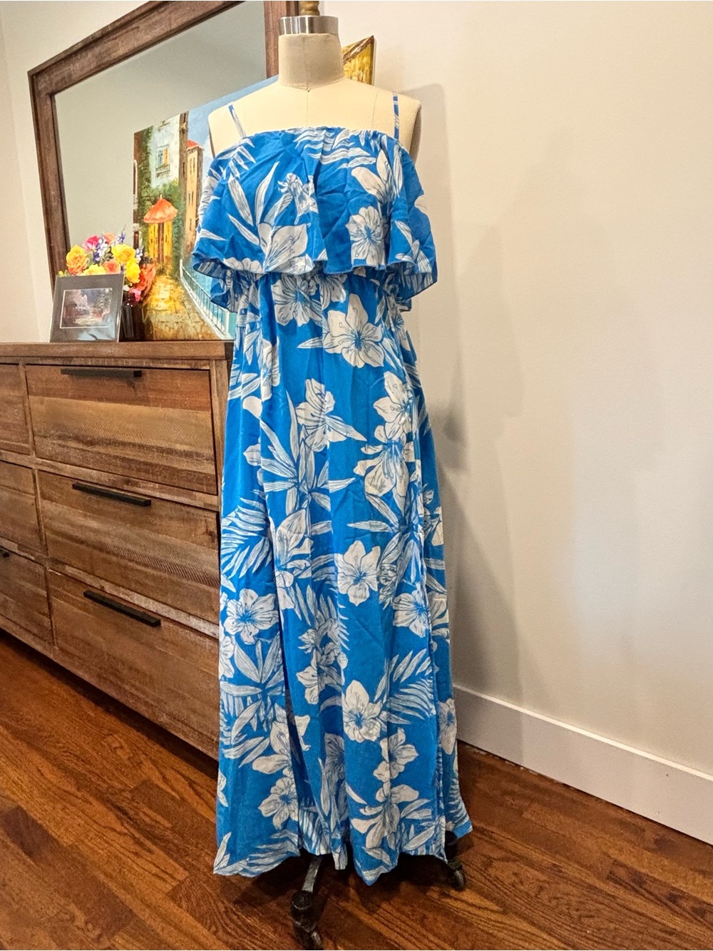 Cupshe Blue Floral Ruffle Strap Maxi Dress